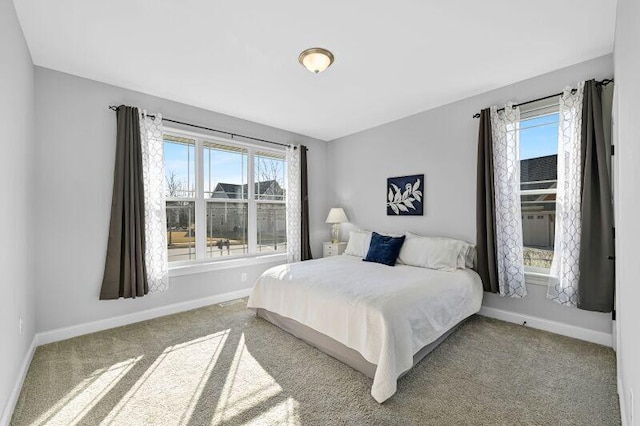 bedroom featuring multiple windows, baseboards, and carpet floors