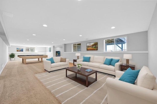 living room with pool table, carpet flooring, recessed lighting, and baseboards