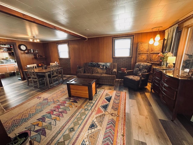 living room with plenty of natural light, wood finished floors, and wood walls