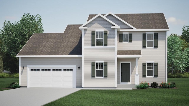 view of front of home featuring a front yard, an attached garage, driveway, and roof with shingles