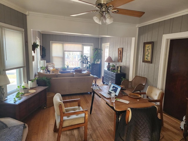 living area featuring hardwood / wood-style floors, ornamental molding, and ceiling fan