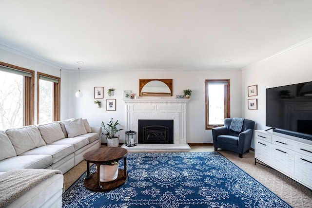 carpeted living area featuring a fireplace, baseboards, and ornamental molding