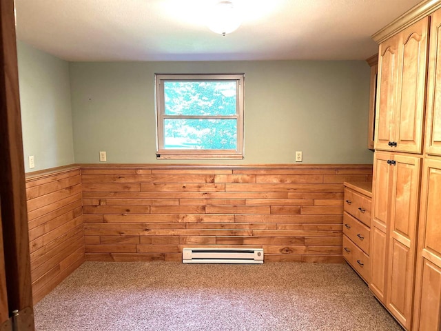 spare room featuring a wainscoted wall, light carpet, and wooden walls