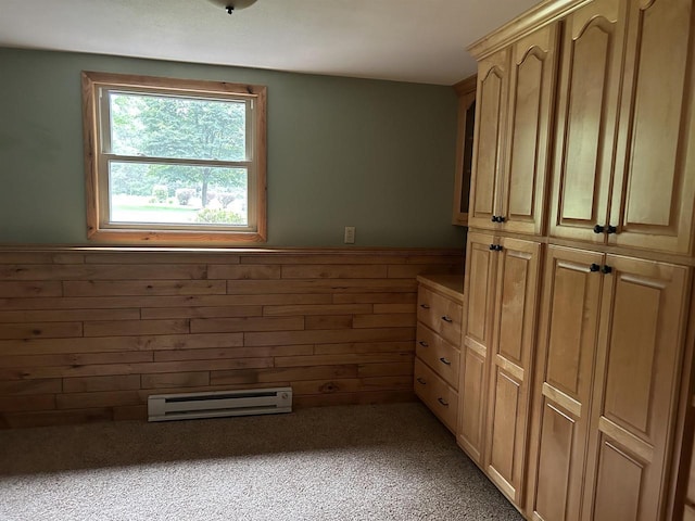 interior space featuring a wainscoted wall, wood walls, and light colored carpet