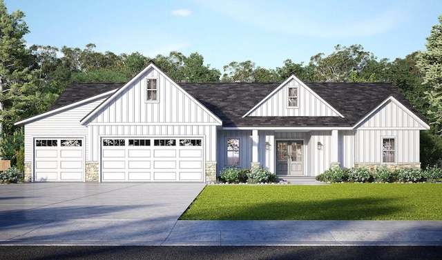 modern inspired farmhouse featuring a front yard, driveway, stone siding, a garage, and board and batten siding