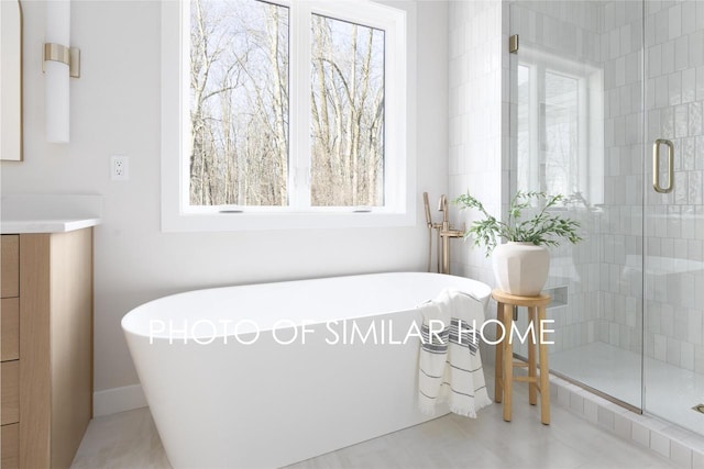 full bathroom featuring a freestanding tub, vanity, and a shower stall