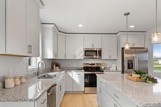 kitchen with a sink, appliances with stainless steel finishes, a wealth of natural light, and white cabinetry