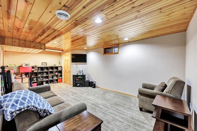 carpeted living room featuring recessed lighting, visible vents, baseboards, and wooden ceiling