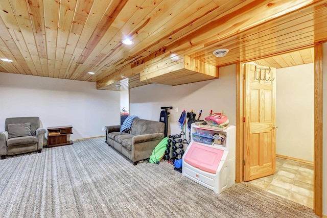 interior space featuring wooden ceiling, recessed lighting, baseboards, and carpet floors