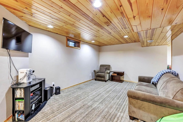 living area with carpet, recessed lighting, wood ceiling, and baseboards