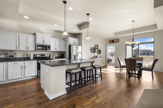 kitchen with dark wood-style floors, a tray ceiling, an island with sink, recessed lighting, and stainless steel appliances