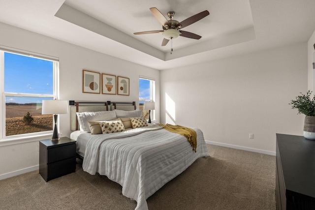 bedroom featuring a tray ceiling, carpet flooring, a ceiling fan, and baseboards