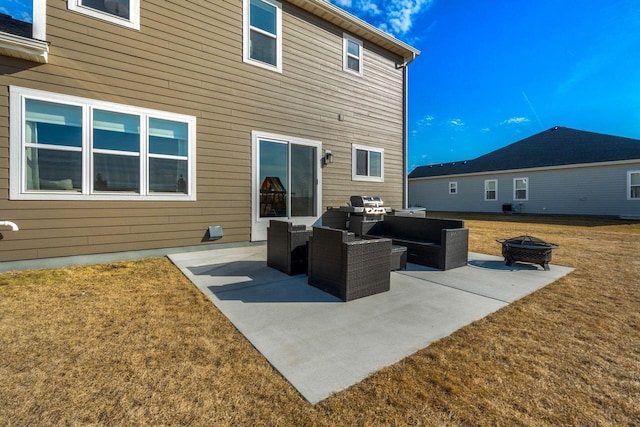 back of property featuring a lawn, an outdoor living space with a fire pit, and a patio