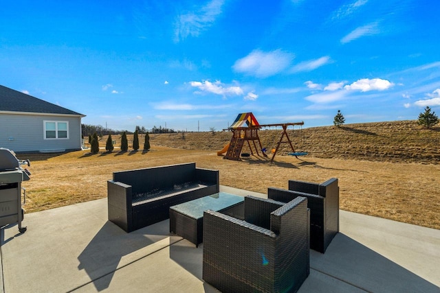 view of patio / terrace with an outdoor hangout area, a grill, and a playground