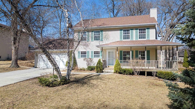 view of front of property featuring roof with shingles, covered porch, concrete driveway, a garage, and a chimney