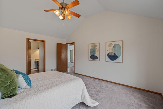 bedroom with visible vents, baseboards, lofted ceiling, and carpet floors