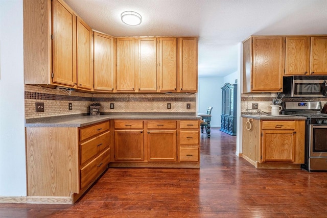 kitchen featuring tasteful backsplash, appliances with stainless steel finishes, and dark wood-type flooring