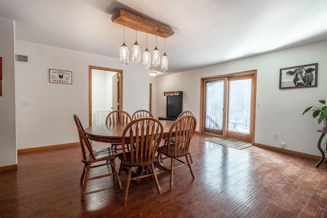 dining room featuring visible vents, baseboards, and wood finished floors