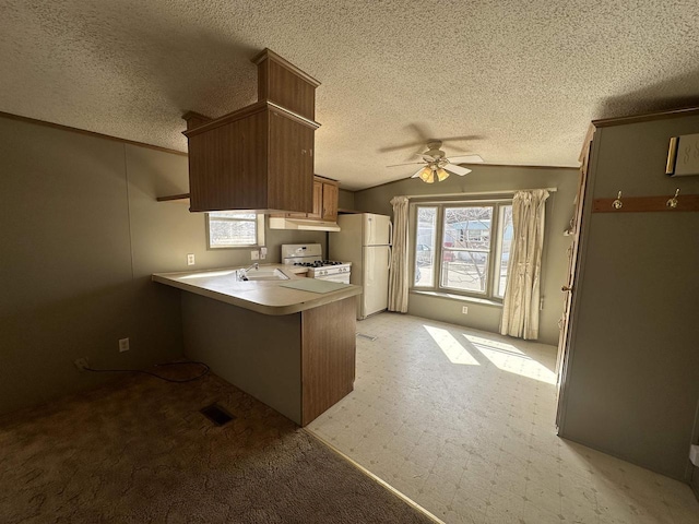 kitchen featuring a sink, white appliances, a peninsula, light floors, and vaulted ceiling