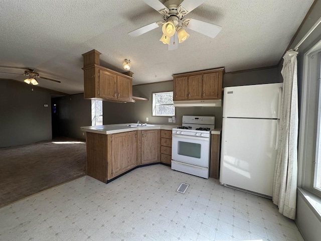 kitchen with white appliances, light floors, visible vents, a sink, and under cabinet range hood