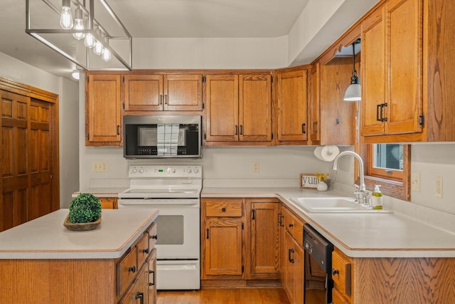 kitchen featuring a sink, white range with electric stovetop, brown cabinetry, light countertops, and dishwasher