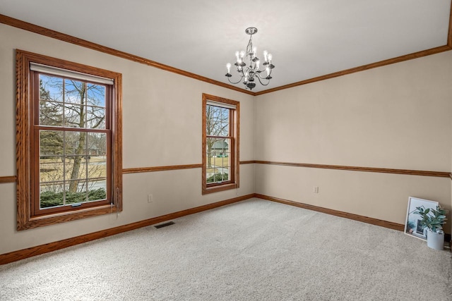 carpeted empty room with visible vents, baseboards, a notable chandelier, and a healthy amount of sunlight