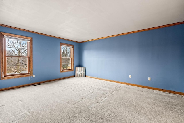 spare room with crown molding, visible vents, baseboards, and carpet floors