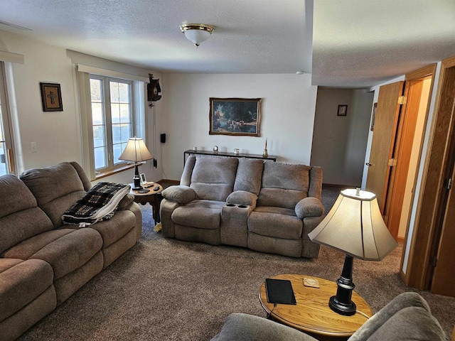 living area featuring a textured ceiling and carpet flooring