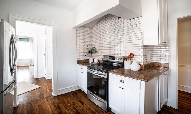 kitchen featuring decorative backsplash, appliances with stainless steel finishes, dark wood-style floors, and white cabinetry