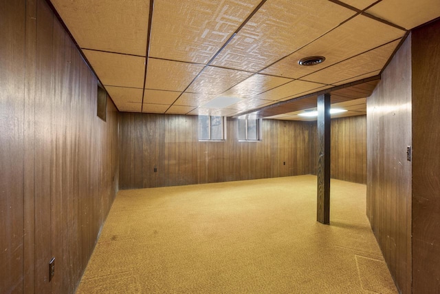 basement featuring carpet flooring and wood walls