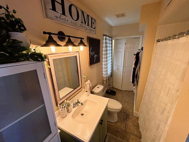 bathroom with visible vents, toilet, and vanity