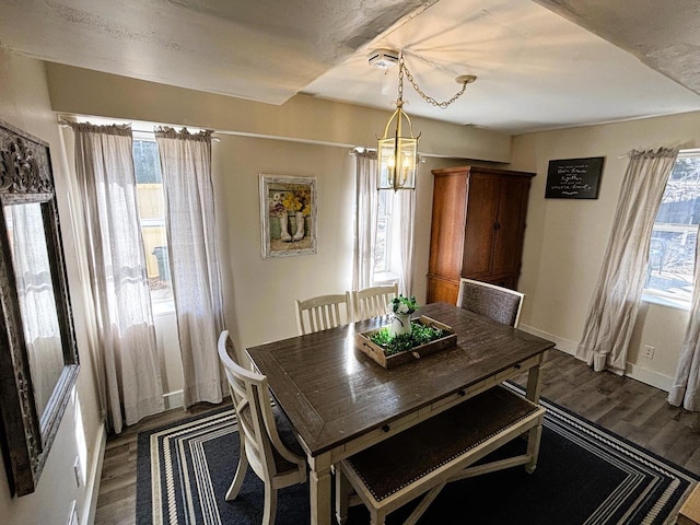 dining room featuring baseboards, plenty of natural light, and dark wood-type flooring