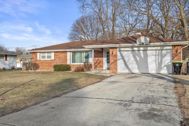 single story home featuring a front lawn, concrete driveway, and brick siding