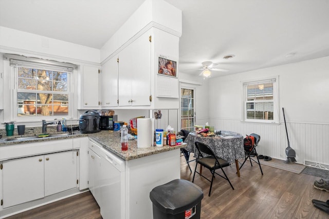 kitchen with a sink, a wainscoted wall, dishwasher, and dark wood-style floors