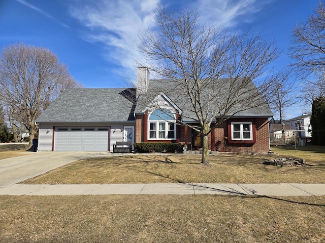 view of front of house featuring brick siding, an attached garage, concrete driveway, and a chimney