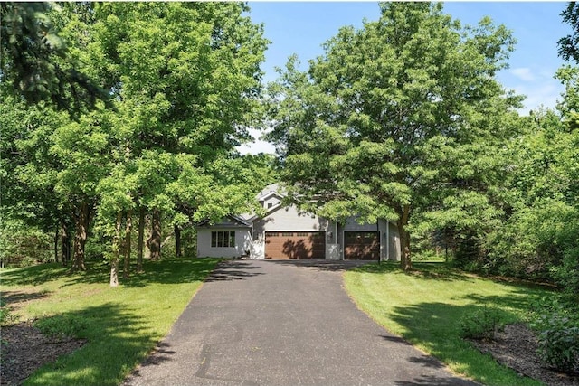 view of property hidden behind natural elements featuring a front yard, a garage, and driveway