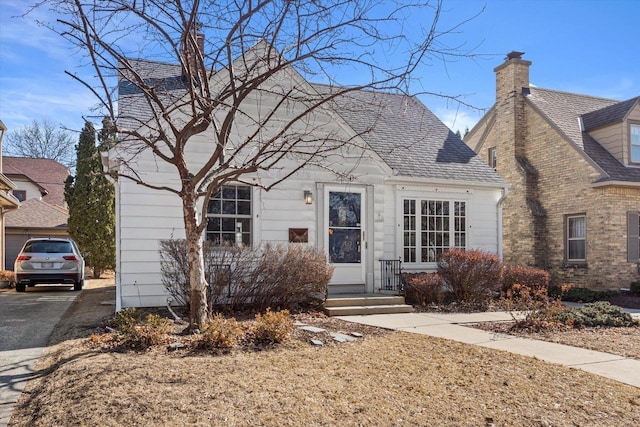 view of front of home featuring driveway, a chimney, and roof with shingles