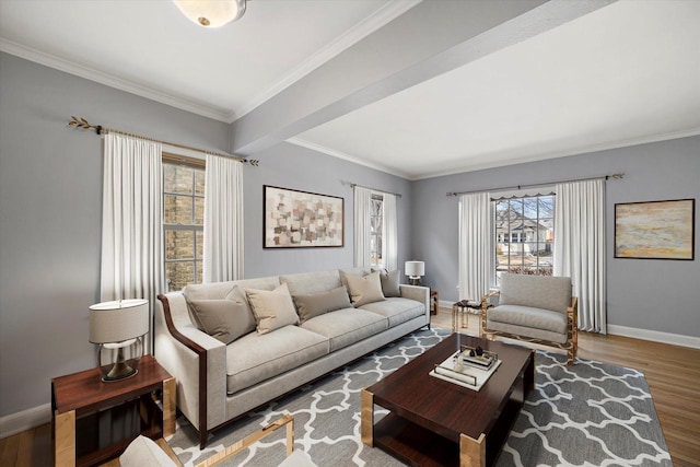 living area with wood finished floors, baseboards, a wealth of natural light, and ornamental molding