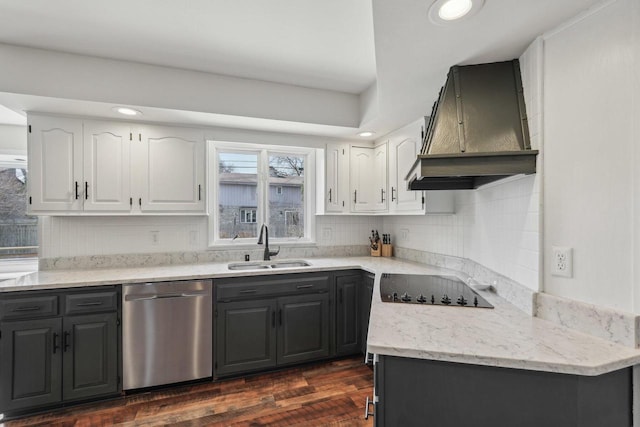 kitchen with tasteful backsplash, black electric stovetop, dishwasher, custom exhaust hood, and white cabinets