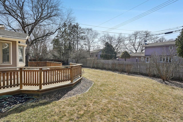 view of yard with a fenced backyard and a wooden deck