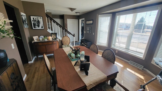 dining area featuring visible vents, a healthy amount of sunlight, and wood finished floors