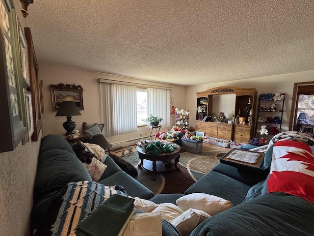 living room featuring a baseboard radiator, a textured ceiling, and wood finished floors