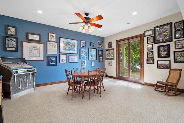 carpeted dining area featuring recessed lighting, a ceiling fan, and baseboards