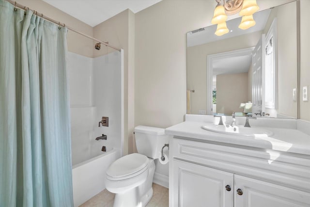 full bath with vanity, visible vents, tile patterned flooring, shower / bath combo with shower curtain, and toilet