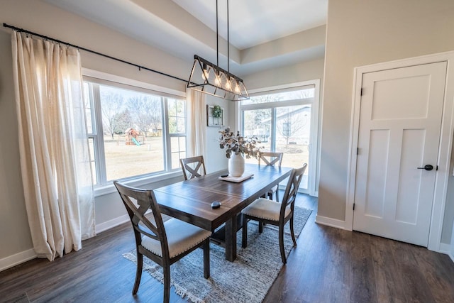 dining area with baseboards, a raised ceiling, and dark wood finished floors