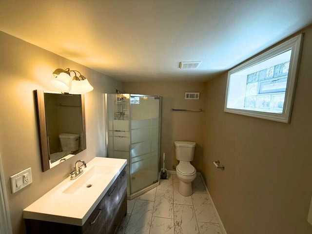 full bathroom with toilet, visible vents, marble finish floor, and a stall shower