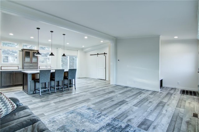 living area featuring a wealth of natural light, light wood-type flooring, and a barn door