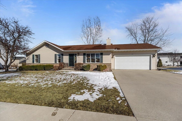 single story home with an attached garage, concrete driveway, and a chimney