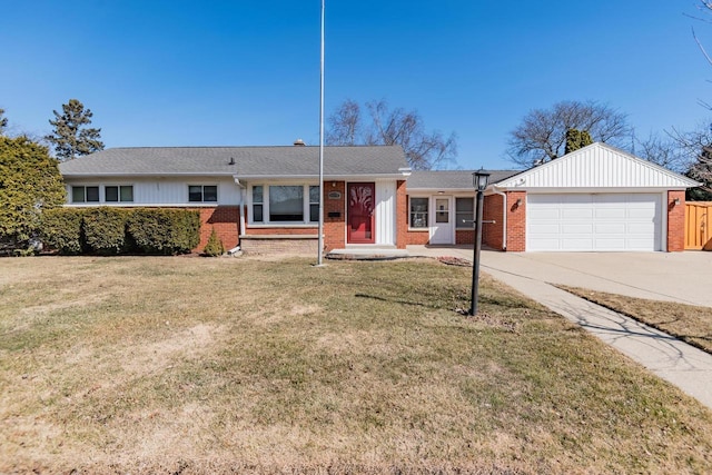 ranch-style home featuring brick siding, a garage, driveway, and a front lawn