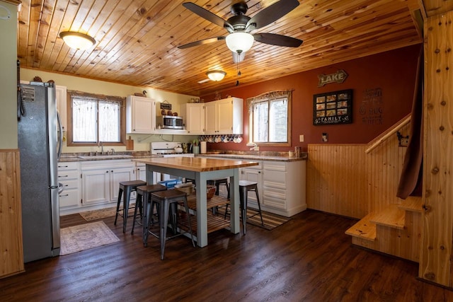 kitchen with dark wood-style floors, a healthy amount of sunlight, appliances with stainless steel finishes, and wooden ceiling